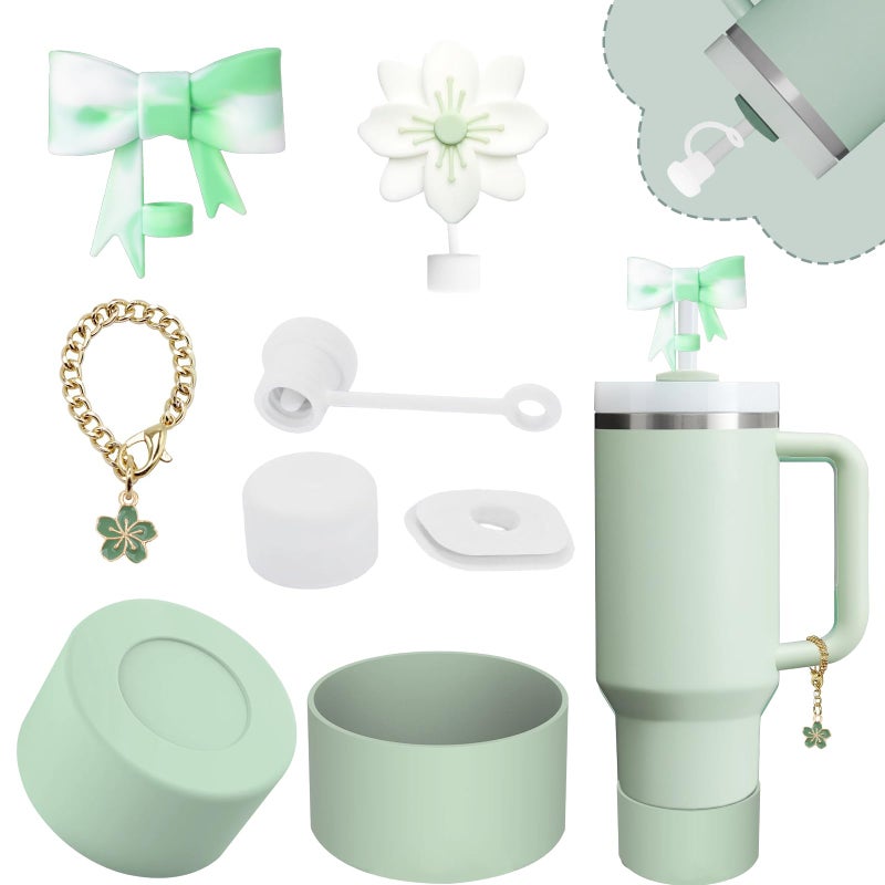 vikgle Stanley Cup Accessories Set,Including 2 Pcs 0.4in Straw Cover, 1 Silicone Spill-Proof Stopper Set of 3, 1 Cute Flowers Handle Charm, 1 Silicone Boot Fits Stanley 40&30 Oz Tumbler (Matcha Cream) - Image 1